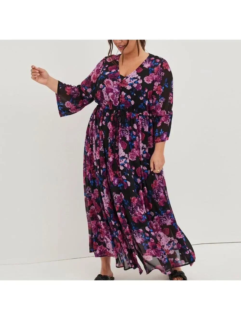 Torrid Maxi Dress 0 Large 12 Pink Purple Blue Floral Chiffon & Black Slip NEW - Picture 1 of 15
